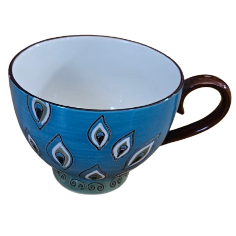 NWOT Pier 1 Imports Dolomite Peacock Hand Painted Footed Coffee Mug or Tea Cup